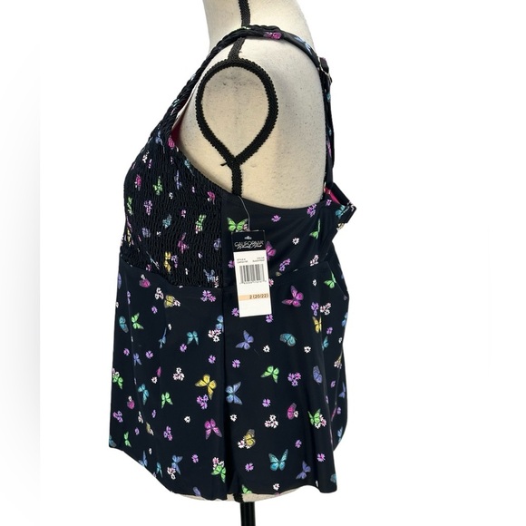 California Waves Smocked Floral Butterfly Print Tankini Top - Black -  2 (20/22) - Picture 4 of 8